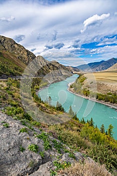 Panoramic view of the Katun river and Altai mountains. Altai Republic, Siberia, Russia