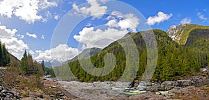 Panoramic view of Kennedy River and mountain range in Vancouver Island, BC