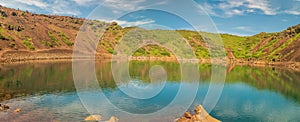 Panoramic view of Kerid volcanic crater lake in Iceland.