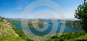 Panoramic view of Kestel Dam Lake near the Pergamon Pergamum Ancient City. Bergama, Izmir, Turkey