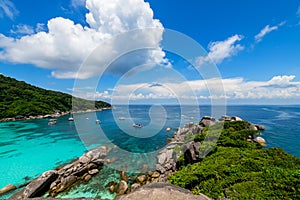 Panoramic view of Koh.8 Similan Island with white cloud and blue sky and clear water