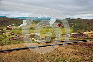 Panoramic view of Krafla geothermal power plant, near Krafla Viti Volcano, Northeastern Iceland, in summer, with some grain