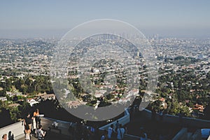 Panoramic view of LA downtown and suburbs from the beautiful Griffith Observatory in Los Angeles