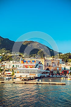 Panoramic view of Lacco Ameno bay at sunrise