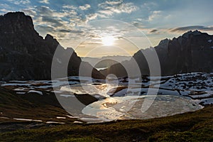 Panoramic view of Laghi dei Piani at sunrise. Tre Cime, Italy