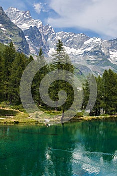 Panoramic view of Lago Blue at the feet of Monte Cervino Matterhorn