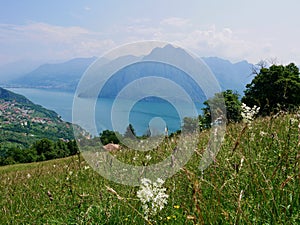 Panoramic view of Lago d'Iseo seen from Fonteno - Riva di Solto Big Bench, Lombardy, Italy.