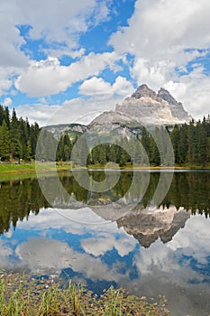 Panoramic view of Lago di Antorno, Dolomites, Italy