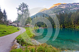 Panoramic view of Lake Blausee in Bernese Highlands, swiss Alps, Switzerland