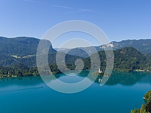 Panoramic view of lake bled, assumption Church on the island and mountains, Slovenia