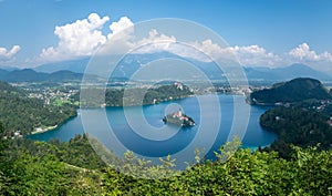 Panoramic view of lake and Bled Island from Little Osojnica Hill