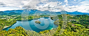 Panoramic view of Lake Bled with the island in Slovenia
