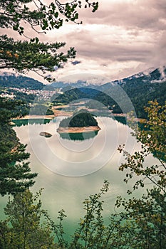 Panoramic view of lake of Centro Cadore in the Alps in Italy, Do