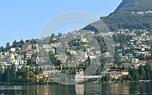 Panoramic view of the lake and the city of Lugano, Switzerland, Europe.