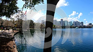 Panoramic view of Lake Eola park with downtown Orlando on the background. Central Florida