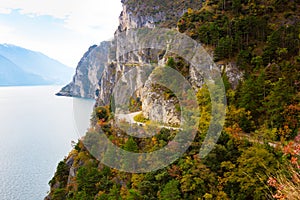 Panoramic view on Lake Garda. Old Ponale Road Path, in autumn,  Lake Garda North, Trentino, Trentino-Alto Adige, Italy photo