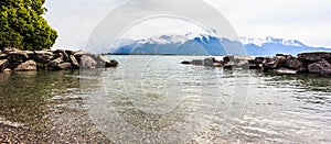 Panoramic view of Lake Geneva with swiss alps background, one of Switzerland`s most cruised lakes in Europe, Vaud, Switzerland.