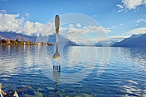 Panoramic view of Lake Geneva from town of Vevey, Switzerland