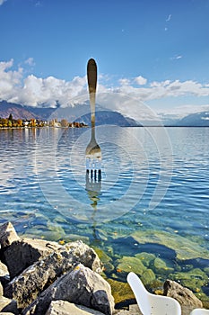 Panoramic view of Lake Geneva from town of Vevey, Switzerland