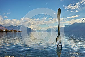 Panoramic view of Lake Geneva from town of Vevey, Switzerland