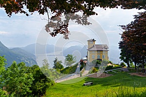 Panoramic view of Lake Lugano from Mount Brae, Switzerland.