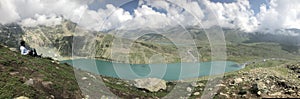 panoramic view of lake and mountain.mountain landscape with touching clouds.twin lakes in himalayas.