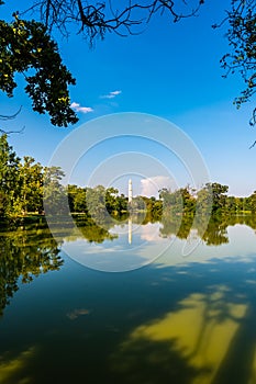 Panoramic view of lake near Lednice castle with minaret tower