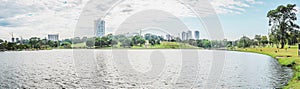 Panoramic view of the lake of a park on a beautiful sunny day.