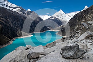Panoramic view of Lake Paron, behind there is the snowy peak of Piramide mountain. photo