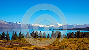 Panoramic view of Lake Pukaki and Mt Cook mountain range