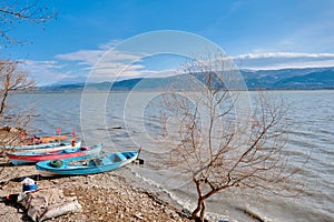 Panoramic view of the lake of uluabat and beautiful sky and huge mountain background