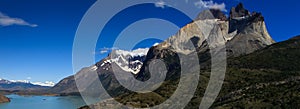 A panoramic view of the lakes and Mountains in Torres del Paine National Park, Patagonia