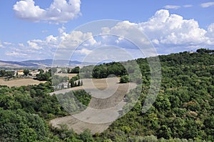 Panoramic view landscape around from Bagno Vignoni Terme Resort on Val D`Orcia. Italy