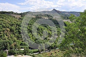 Panoramic view landscape around from Bagno Vignoni Terme Resort on Val D`Orcia. Italy