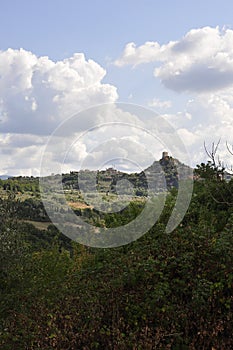 Panoramic view landscape around from Bagno Vignoni Terme Resort on Val D`Orcia. Italy