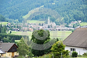 Panoramic view and landscape Dobiacco village, in Cadore, Dolomity mountains, Italy