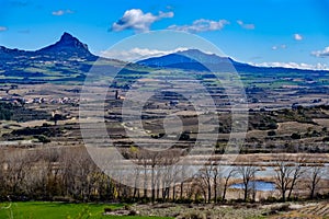 Panoramic view of the landscape of the region of La Rioja from the town called Laguardia with the vineyards without leaves in a ve