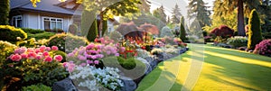 Panoramic view of landscaped home garden, beautiful house backyard