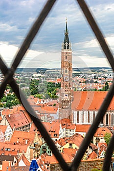 Panoramic view of Landshut from Trausnitz castle. Old town and cathedrals, architecture, roofs of houses, streets