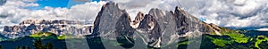 Panoramic view of Langkofel group or Sassolungo group in Italian Dolomite