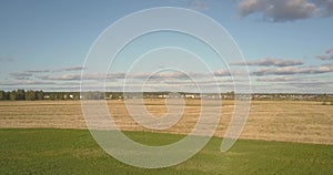 Panoramic view large gold and green fields against blue sky