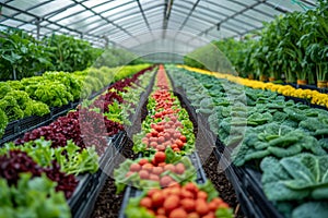 A panoramic view of a large-scale hydroponics farm inside a greenhouse, cultivating various vegetables.. AI generated.