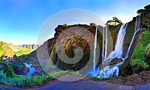 Panoramic view of a large waterfall in Morocco. Ouzoud waterfall in the Atlas Mountains.. Stock picture