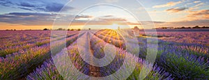 Panoramic view of lavender filed in Valensole at sunset