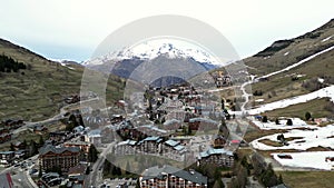 Panoramic view of Les Deux Alpes ski resort in the French Alps.