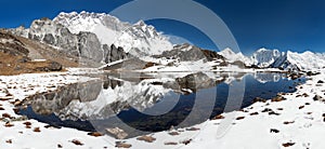 Panoramic view of Lhotse and Nuptse with lake