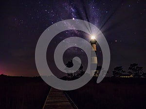 Panoramic view of Lighthouse and Milky Way galaxy at night