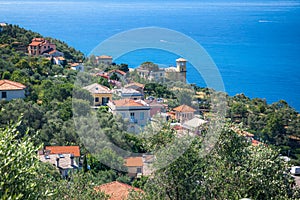 Panoramic view of Ligurian seaside and  Mediterranean Sea, Italy