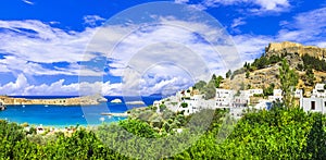 Panoramic view of Lindos bay, Rhodes, Greece