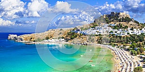 Panoramic view of Lindos bay, Rhodes, Greece